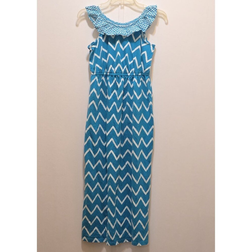 Gymboree Sunny Safari Chevron Striped Maxi Dress Ruffle Blue & White Girls 12
